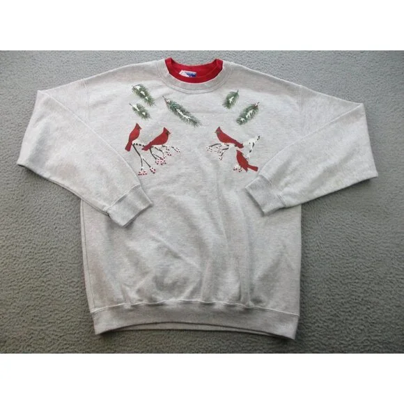 Christmas Sweatshirt Women's Large Cardinals Double Collar Granny Gray Red Birds - Picture 1 of 7